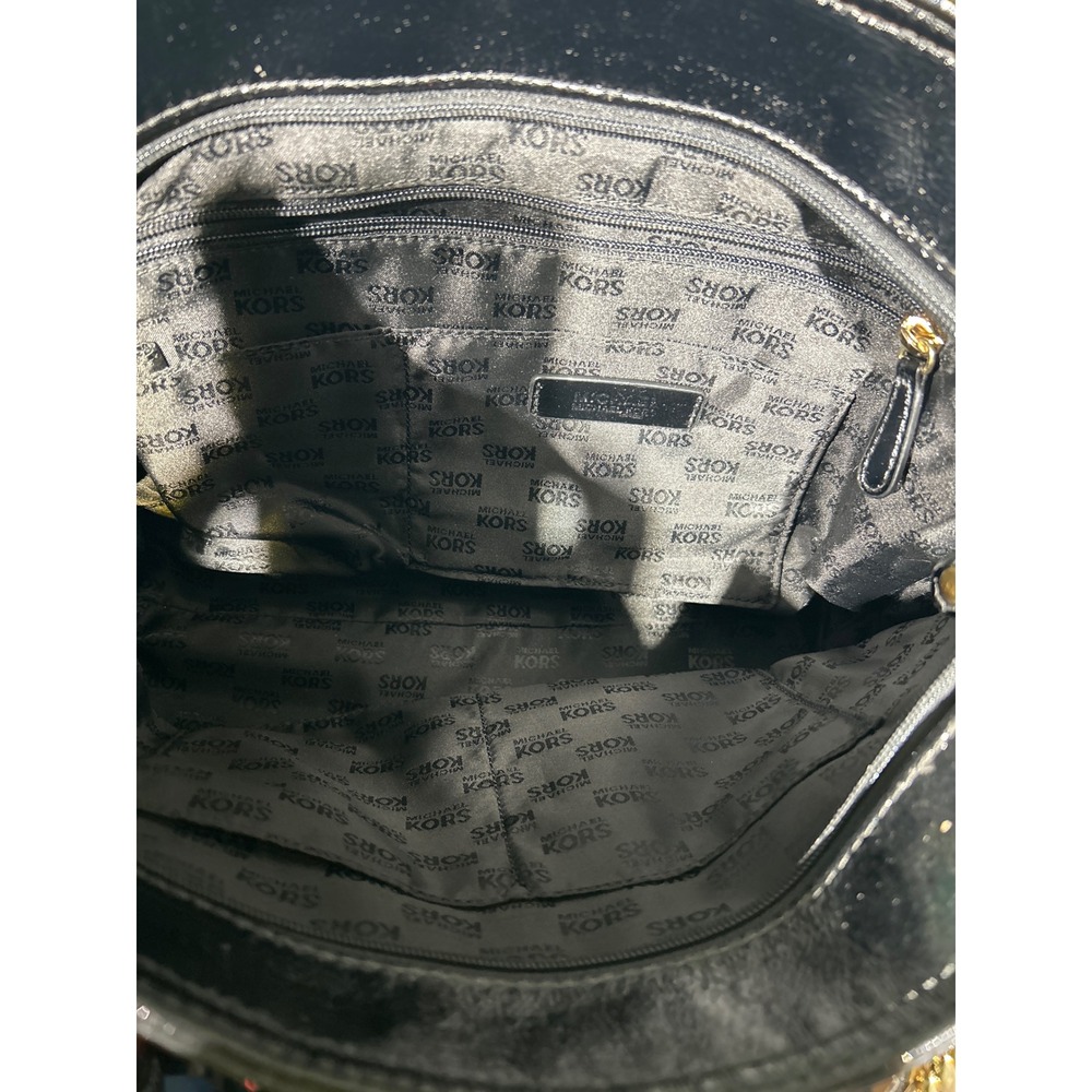 Michael Kors Black Patent Leather Tote Bag Gold Chain Shoulder Bag Zippered Top - Picture 7 of 9